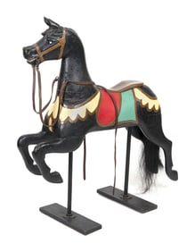 CAROUSEL HORSE ATTRIBUTED TO ARMITAGE-HERSCHELL COMPANY Circa 1890 Height 51". Length 49". Width 9".