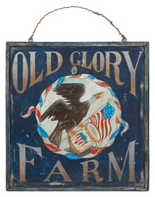 "OLD GLORY FARM" PAINTED WOODEN SIGN 20th Century Height 32". Length 31".