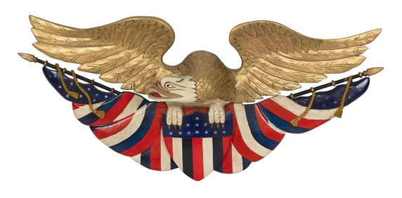 JERRY ST. CLAIR GILT AND POLYCHROMED EAGLE PLAQUE Rockport, Maine, 20th Century Height 25". Length