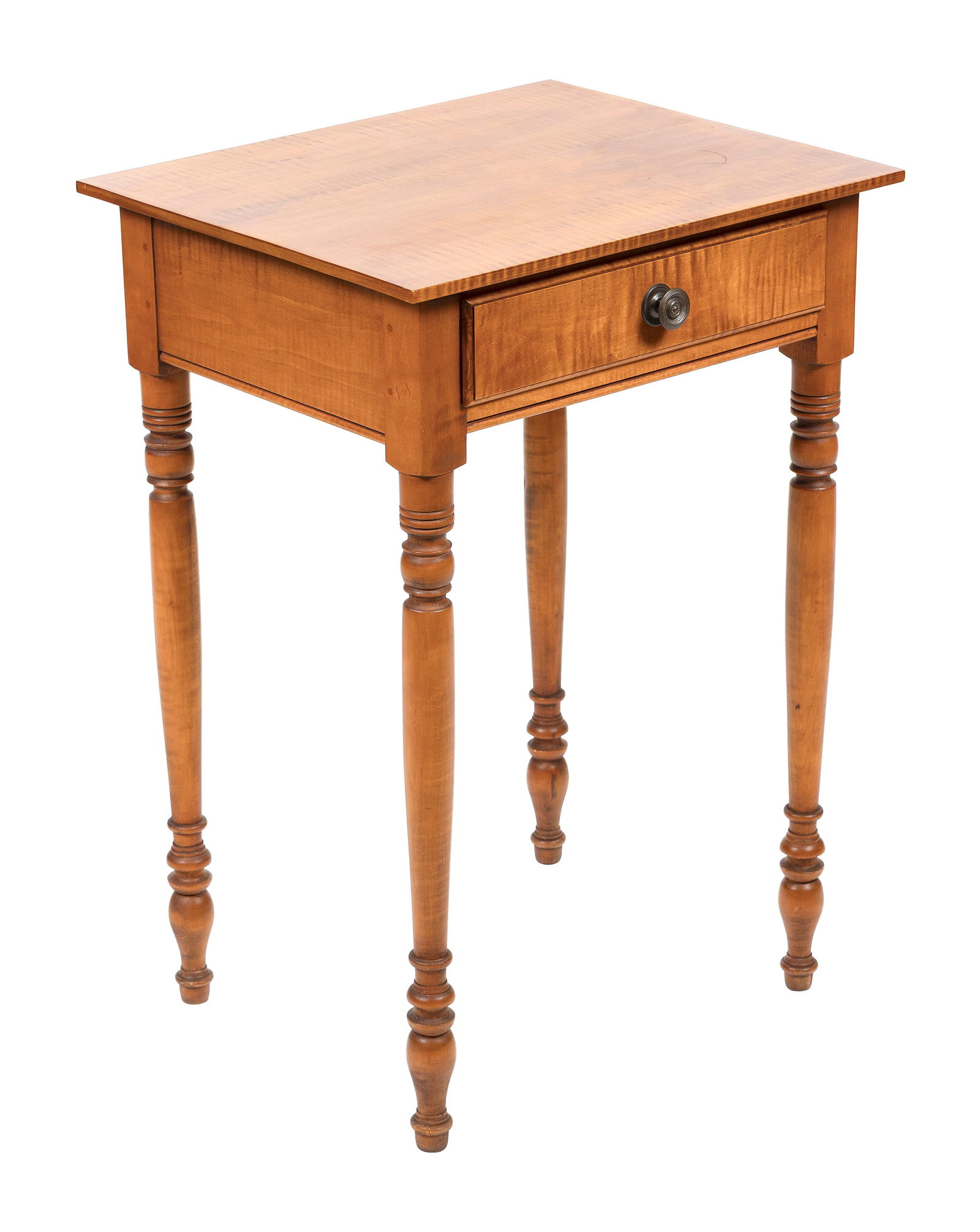 ELDRED WHEELER TIGER MAPLE ONE-DRAWER STAND Massachusetts, 20th Century Height 29". Width 20". Depth: ELDRED WHEELER TIGER MAPLE ONE-DRAWER STANDMassachusetts, 20th CenturyTurned legs. Original label inside drawer.Height 29". Width 20". Depth 17".