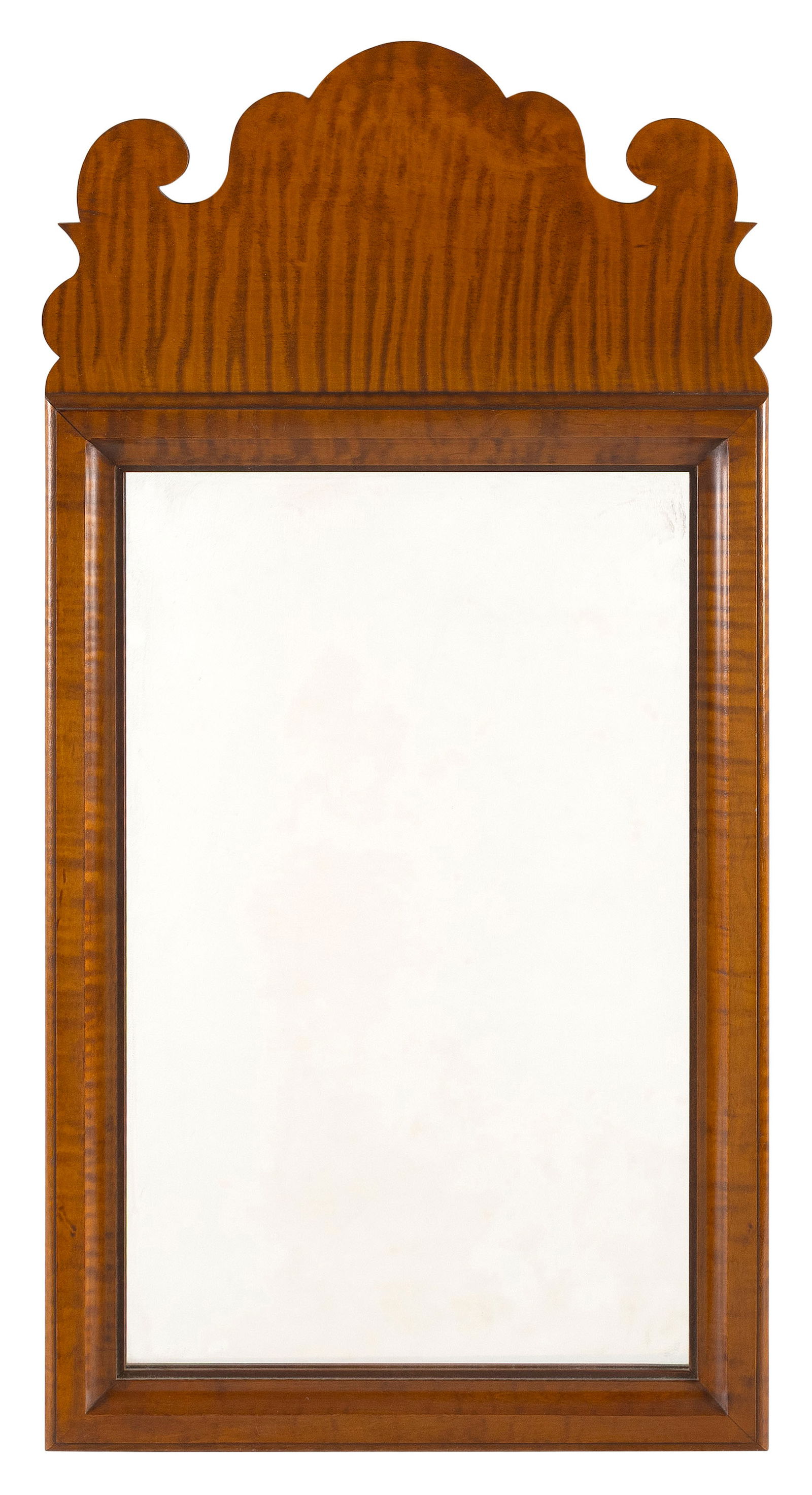 ELDRED WHEELER TIGER MAPLE MIRROR Massachusetts, 20th Century Height 25". Width 12.5".: ELDRED WHEELER TIGER MAPLE MIRRORMassachusetts, 20th CenturyOriginal label on back.Height 25". Width 12.5".
