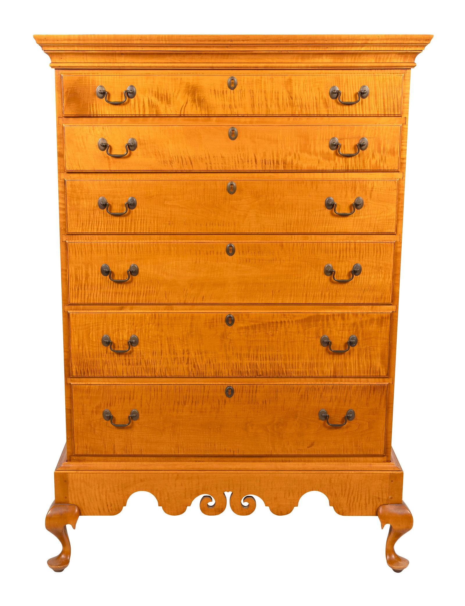 ELDRED WHEELER TIGER MAPLE CHEST-ON-FRAME Massachusetts, 20th Century Height 57.75". Width 40".: ELDRED WHEELER TIGER MAPLE CHEST-ON-FRAMEMassachusetts, 20th CenturyChest with six drawers. Scrolled frame.Height 57.75". Width 40". Depth 19".