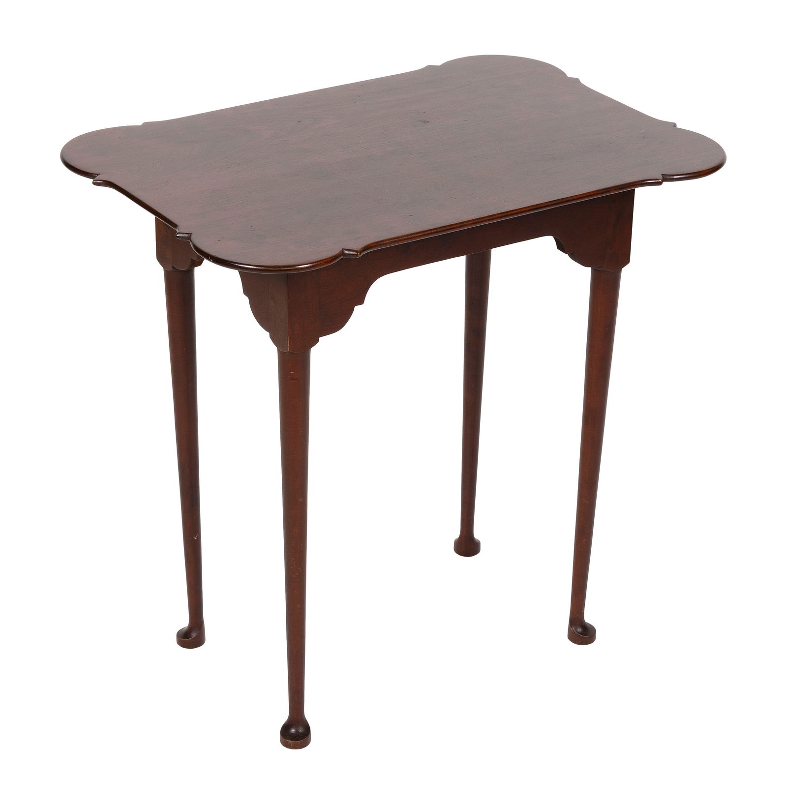 ELDRED WHEELER CHERRY TEA TABLE Massachusetts, 20th Century Height 25.25". Length 25.5". Width: ELDRED WHEELER CHERRY TEA TABLEMassachusetts, 20th CenturyOverhanging top with notched turret corners. Arched apron. Straight legs end in pad feet. Paper label on underside.Height 25.25". Length 25.5"