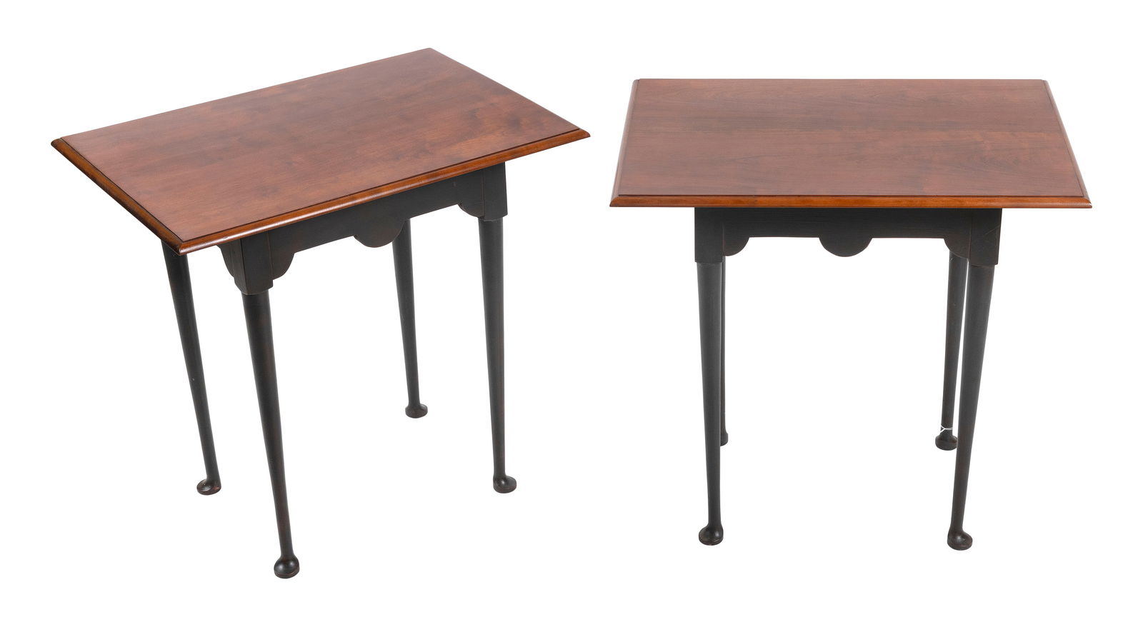 PAIR OF ELDRED WHEELER STANDS Massachusetts, 20th Century Heights 25". Tops 18.5" x 26.5".: PAIR OF ELDRED WHEELER STANDSMassachusetts, 20th CenturyMaple top. Bases painted black. Branded on undersides.Heights 25". Tops 18.5" x 26.5".