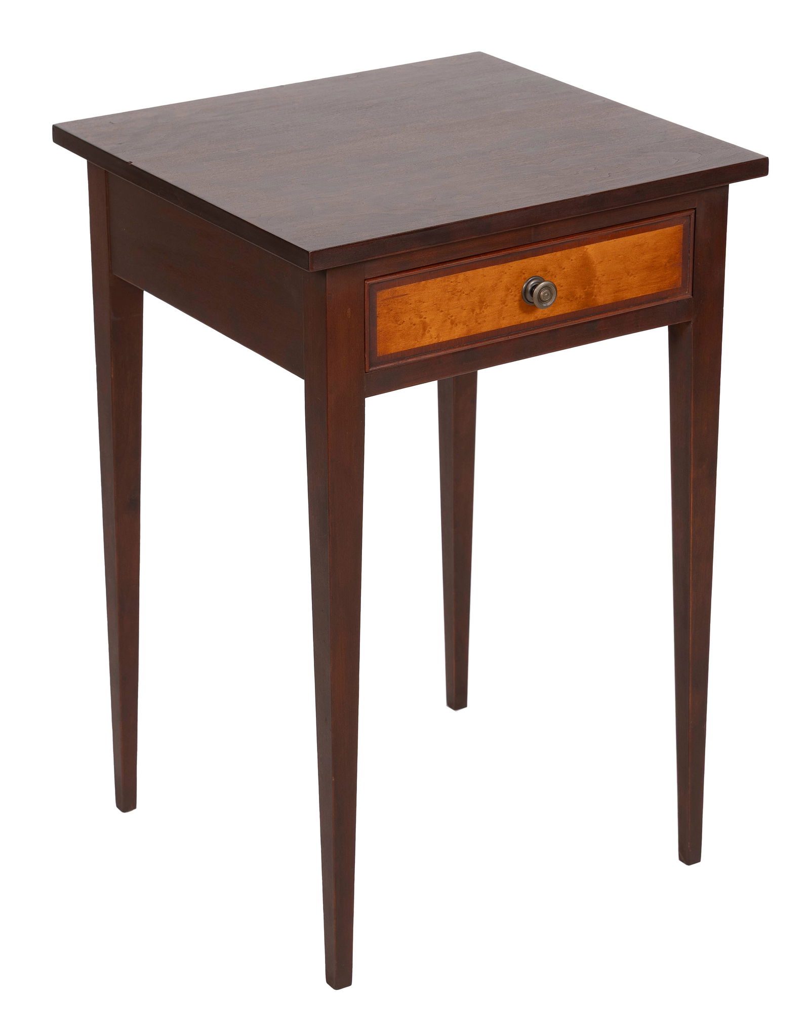 ELDRED WHEELER ONE-DRAWER STAND Massachusetts, 20th Century Height 27.75". Width 18.75". Depth: ELDRED WHEELER ONE-DRAWER STANDMassachusetts, 20th CenturyCherry with bird's-eye maple drawer front. Overhanging top. Straight tapered legs. Paper label.Height 27.75". Width 18.75". Depth 17.5".