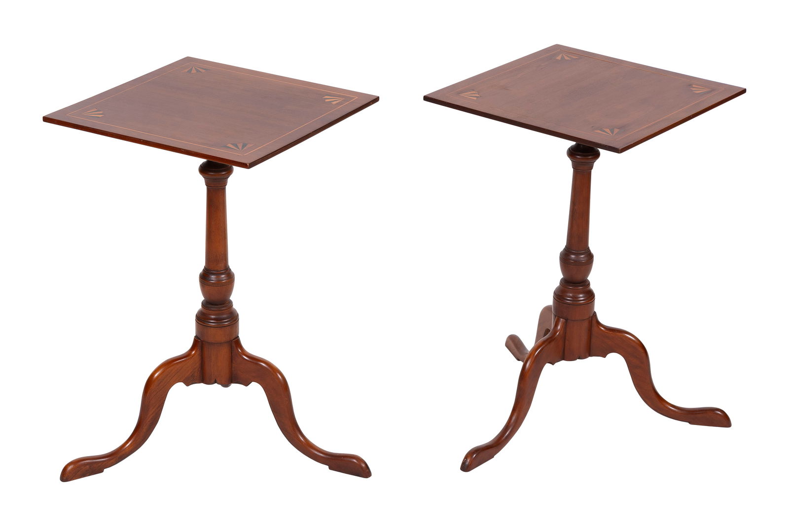 PAIR OF ELDRED WHEELER INLAID CHERRY CANDLESTANDS Massachusetts, 20th Century Height 25". Tops 16" x (1 of 1)