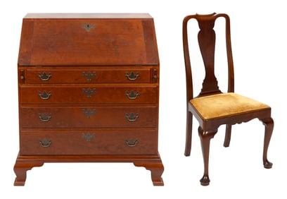 ELDRED WHEELER SLANT-LID DESK AND QUEEN ANNE-STYLE SIDE CHAIR Massachusetts, 20th Century Desk