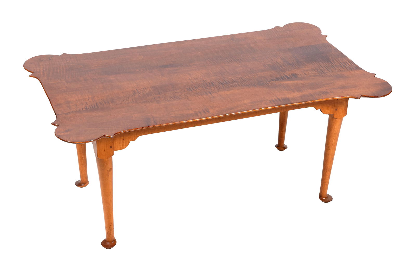 ELDRED WHEELER TIGER MAPLE COFFEE TABLE Massachusetts, 20th Century Height 19". Length 42". Width: ELDRED WHEELER TIGER MAPLE COFFEE TABLEMassachusetts, 20th CenturyBranded on underside.Height 19". Length 42". Width 24".