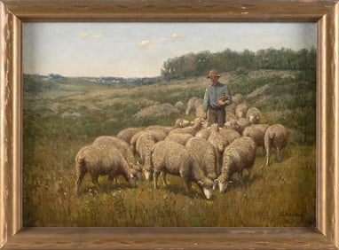 GEORGE ARTHUR HAYS (Rhode Island/Massachusetts, 1854-1945), "Salting the Sheep"., Oil on canvas, 14"