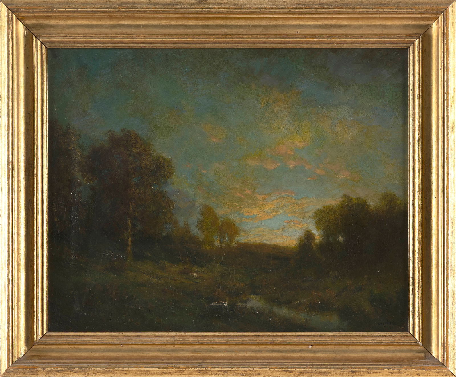 ROBERT CRANNELL MINOR, SR. (Connecticut, 1839-1904), Twilight landscape., Oil on canvas, 16" x 20".: ROBERT CRANNELL MINOR, SR.Connecticut, 1839-1904Twilight landscape. Signed lower right "Minor". Estate stamped verso "The Robert Minor Executor's Sale NY, NY 1839-1904".Oil on canvas, 16" x 20". Frame