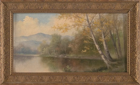 GEORGE MCCONNELL (Maine/Ohio, 1852-1929), New England landscape with lake and mountains., Oil on