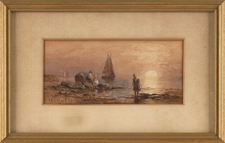 CHARLES HENRY GIFFORD (Massachusetts, 1839-1904), Clamming at sunset., Watercolor on paper, 3" x