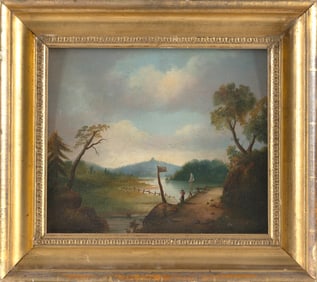 AMERICAN SCHOOL (19th Century,), Figure looking down at a winding river., Oil on panel, 12" x 14".