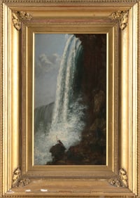 AMERICAN SCHOOL (19th Century,), Majestic falls, likely Niagara., Oil on panel, 16" x 9". Framed
