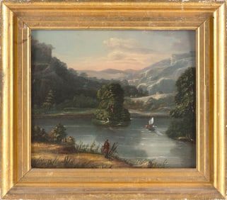 AMERICAN SCHOOL (19th Century,), Fisherman by a mountain lake., Oil on panel, 12.25" x 14.25".