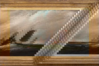 AMERICAN SCHOOL (19th Century,), Fishing vessels under a dramatic sky., Oil on canvas, 30" x 51.25".