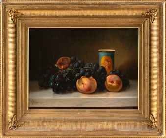 EDWARD CHALMERS LEAVITT (Rhode Island, 1842-1904), Still life of fruit on marble., Oil on canvas,