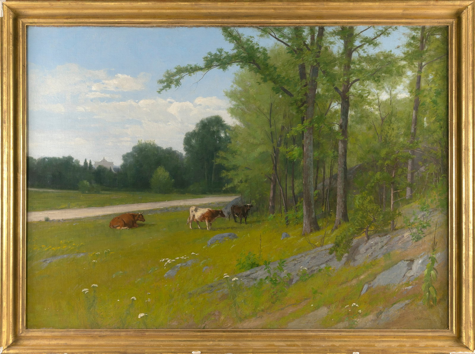 ALBION HARRIS BICKNELL (Massachusetts/Maine, 1837-1915), Cattle by the forest's edge., Oil on: ALBION HARRIS BICKNELL Massachusetts/Maine, 1837-1915 Cattle by the forest's edge. Signed lower right "A.H. Bicknell". Oil on canvas, 36" x 50". Framed 41" x 55".