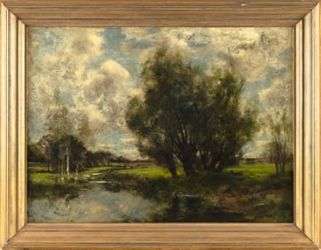 JOHN APPLETON BROWN (Massachusetts, 1844-1902), Landscape with trees and pond., Oil on canvas, 20" x