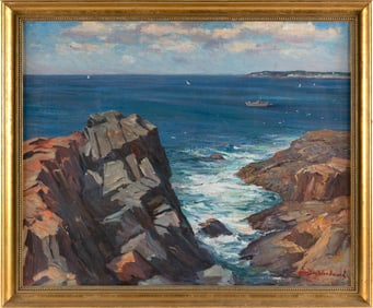 STANLEY WINGATE WOODWARD (Massachusetts, 1890-1970), Rocky coastal cliffs., Oil on board, 24" x 30".