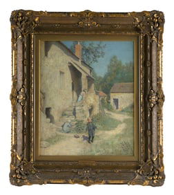 STEPHEN SEYMOUR THOMAS (Texas/California, 1868-1956), A woman and two children in a courtyard., Oil