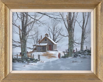 FRED SWAN (Vermont, Contemporary), Winter landscape with barn and sugar maples., Acrylic on board,