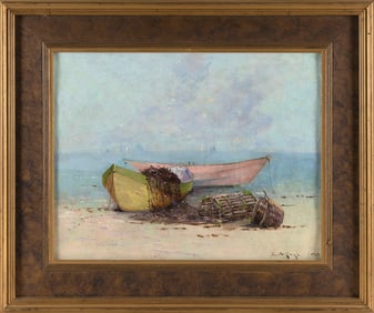 EDWARD A. PAGE (Massachusetts, 1850-1928), Beached dories., Oil on canvas, 14" x 18". Framed 20" x
