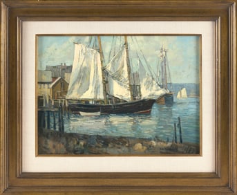 THOMAS M. (T.M.) NICHOLAS (Maine/Massachusetts, 1963-), At dock., Oil on canvas, 12" x 16". Framed