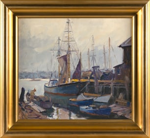 PAUL BEADEN HUDDER (Nevada/Massachusetts, 1897-1991), "Working on the Dock, Gloucester Mass"., Oil
