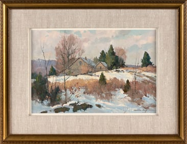 BERNARD COREY (Massachusetts, 1914-2000), "Old Farm Buildings"., Oil on board, 9.5" x 14". Framed