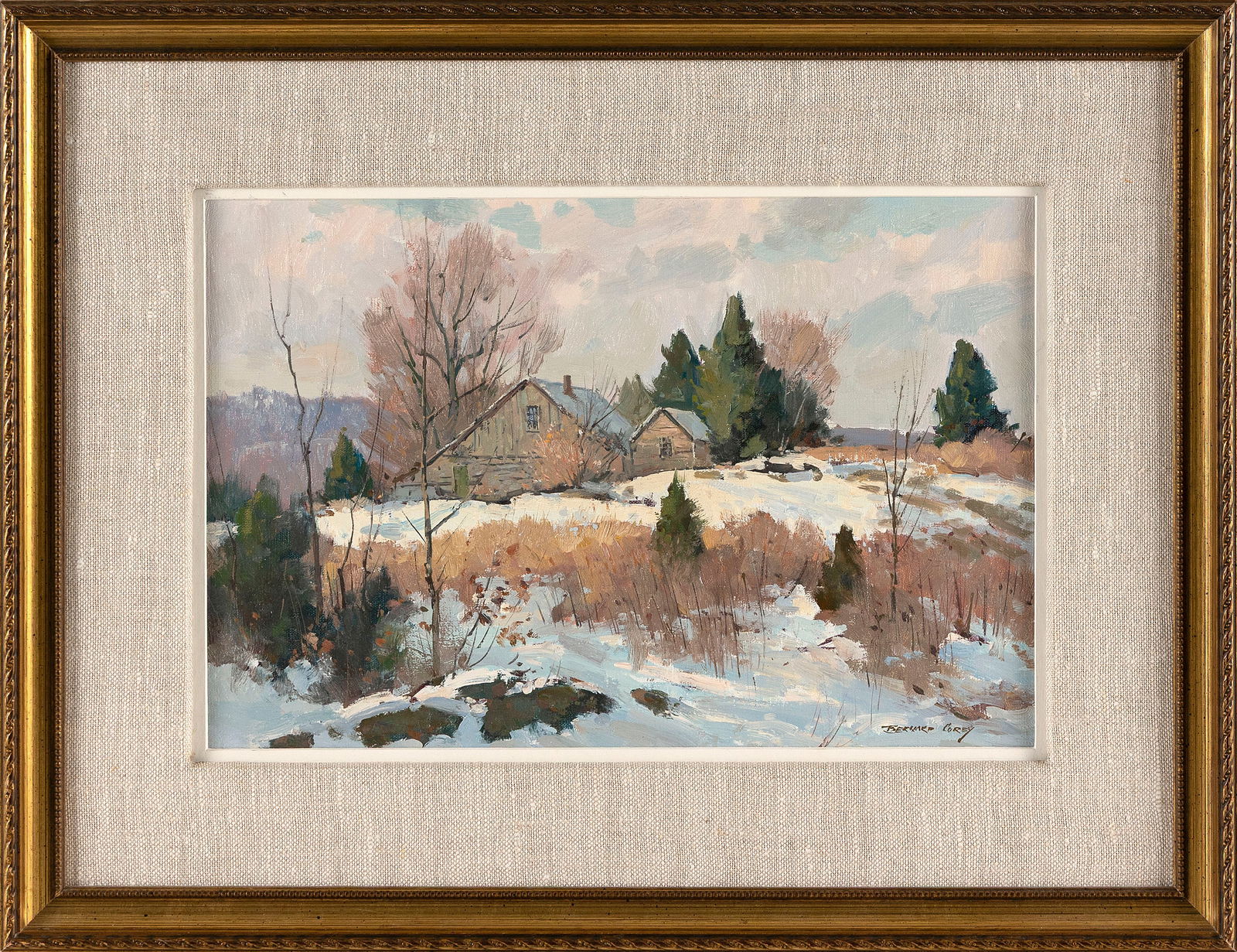 BERNARD COREY (Massachusetts, 1914-2000), "Old Farm Buildings"., Oil on board, 9.5" x 14". Framed (1 of 2)