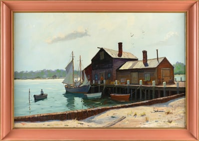 C. HJALMAR "CAPPY" AMUNDSEN (Maine/New York/Massachusetts, 1911-2001), Wharf scene., Oil on canvas,