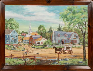 CHRISTOPHER GURSHIN (America, 1945-), A New England village., Oil on plywood, 35.5" x 47.5". Framed