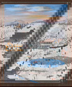 JANIS PRICE (Ohio, 1933-), Wintertime farm scene with skaters., Oil on canvas, 30" x 24". Framed 33"