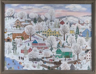 JANIS PRICE (Ohio, 1933-), Wintertime village scene., Oil on board, 30" x 40". Framed 34" x 43".