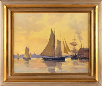 LEONARD MIZEREK (America, Contemporary), "Sunset Arrival"., Oil on canvas, 20" x 24". Framed 34" x