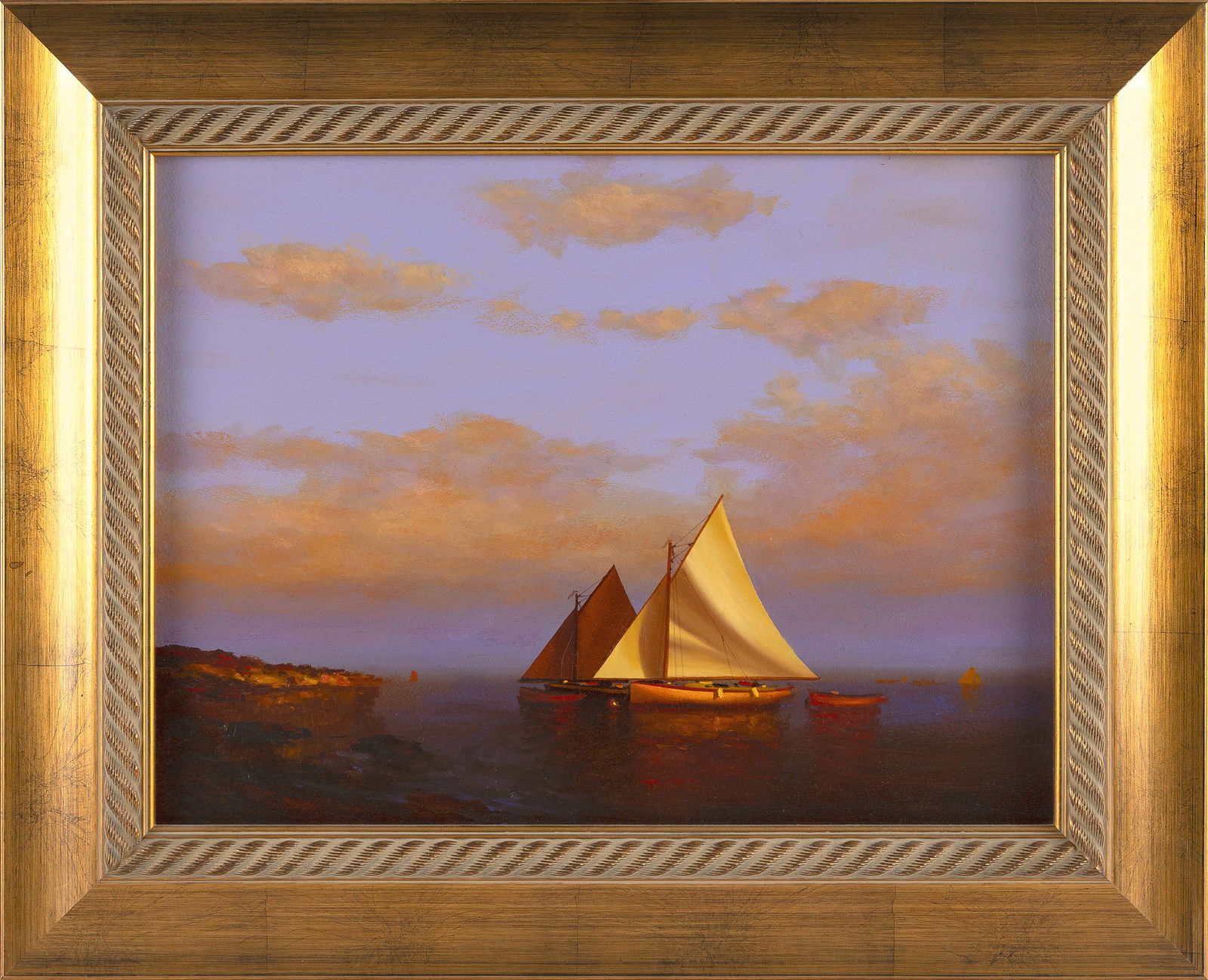 VERNON GEORGE BROE (Maine/Illinois, 1930-2011), "Readying the Sails"., Oil on canvas board, 12" x: VERNON GEORGE BROEMaine/Illinois, 1930-2011"Readying the Sails". Unsigned.Oil on canvas board, 12" x 16". Framed 17" x 21". Provenance:Bayview Gallery, Brunswick, Maine (label verso).Private