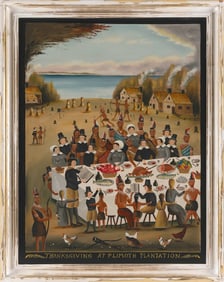 RALPH EUGENE CAHOON, JR. (Massachusetts, 1910-1982), "Thanksgiving at Plimoth Plantation"., Oil on