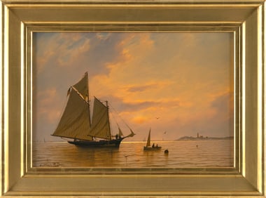 WILLIAM ROBERT DAVIS (Massachusetts, 1952-), "Vineyard Sound Fisherman"., Oil on panel, 13.5" x 20".