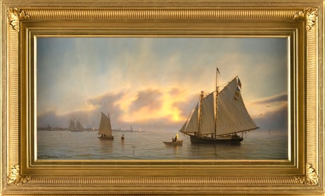 WILLIAM ROBERT DAVIS (Massachusetts, 1952-), "Schooner off Fairhaven"., Oil on canvas, 12" x 24".
