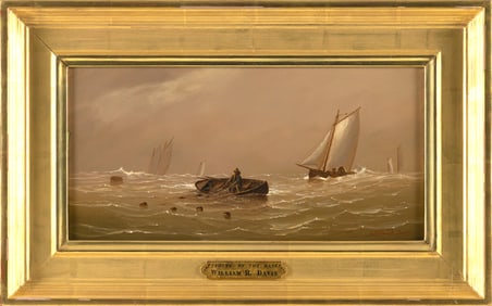 WILLIAM ROBERT DAVIS (Massachusetts, 1952-), "Fishing on the Banks"., Oil on canvas, 8" x 16".