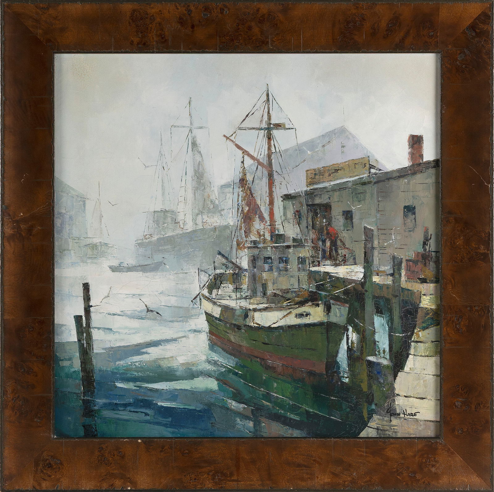 JOHN CUTHBERT HARE (Massachusetts/Florida, 1908-1978), "Clearing Fog"., Oil on board, 20" x 20".: JOHN CUTHBERT HAREMassachusetts/Florida, 1908-1978"Clearing Fog". Signed lower right "John Hare". Titled verso.Oil on board, 20" x 20". Framed 25.5" x 25".