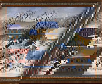 JANET MUNRO (Massachusetts/Florida, 1949-), "Winter in the Village"., Oil on masonite, 16" x 20".