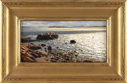 JOSEPH MCGURL (Massachusetts, 1958-), "Light on the Water"., Oil on panel, 8" x 16". Framed 15" x