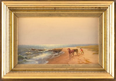 WENDELL F. MACY (Massachusetts, 1845-1913), "Gathering Seaweed, Nantucket"., Oil on board, 6.25" x