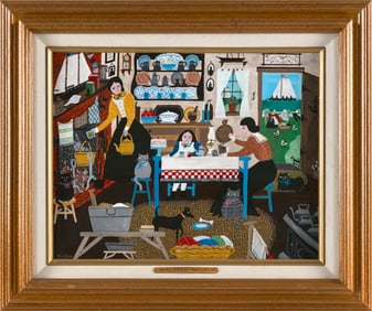 ROSEBEE (Massachusetts, 1932-2016), "Story Time on Washday"., Oil on panel, 11" x 14". Framed 16" x