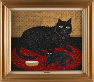 ROSEBEE (Massachusetts, 1932-2016), "My Pets"., Oil on panel, 20" x 24". Framed 27" x 31".