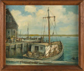 WENDELL M. ROGERS (Massachusetts, 1890-1973), Boats at the pier, Chatham, Massachusetts., Oil on