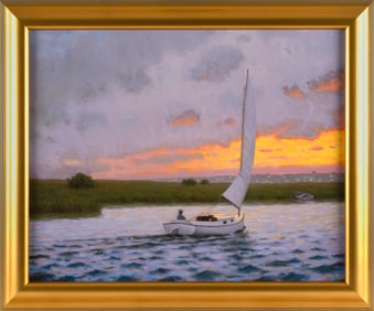 SAM VOKEY (Massachusetts, 1963-), Catboat sailing at sunset., Oil on canvas, 18" x 24". Framed 23" x