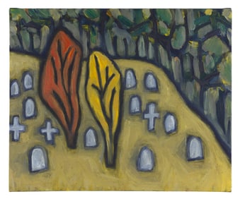 THOMAS ANTONELLI (Massachusetts, 1952-2019), Two trees in a graveyard., Oil on canvas, 28" x 33".